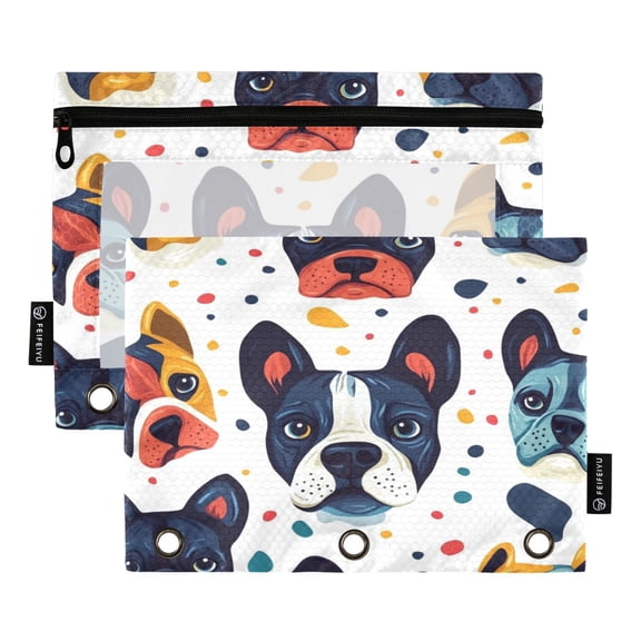 2 Pack Pencil Bag 9.84x6.1 Inch 3-Ring Page Turning Folder Zipper Pencil Case Pencil Bag Page Turning File Bag Color Dog Face Pattern