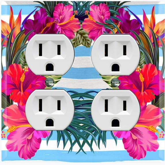 Metal Light Switch Plate Cover Hibiscus Flower Wreath Teal Stripes FLW033