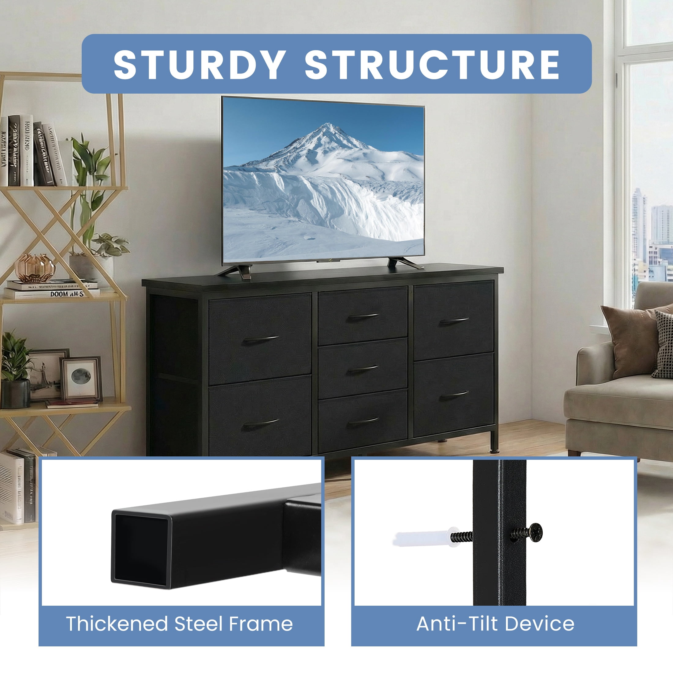 edx 7 Drawer Dresser for Bedroom, 47.2" Fabric Drawers with Wood Top Metal Frame, Wide Storage Organizer for Closet, Hallway & Living Room, Black