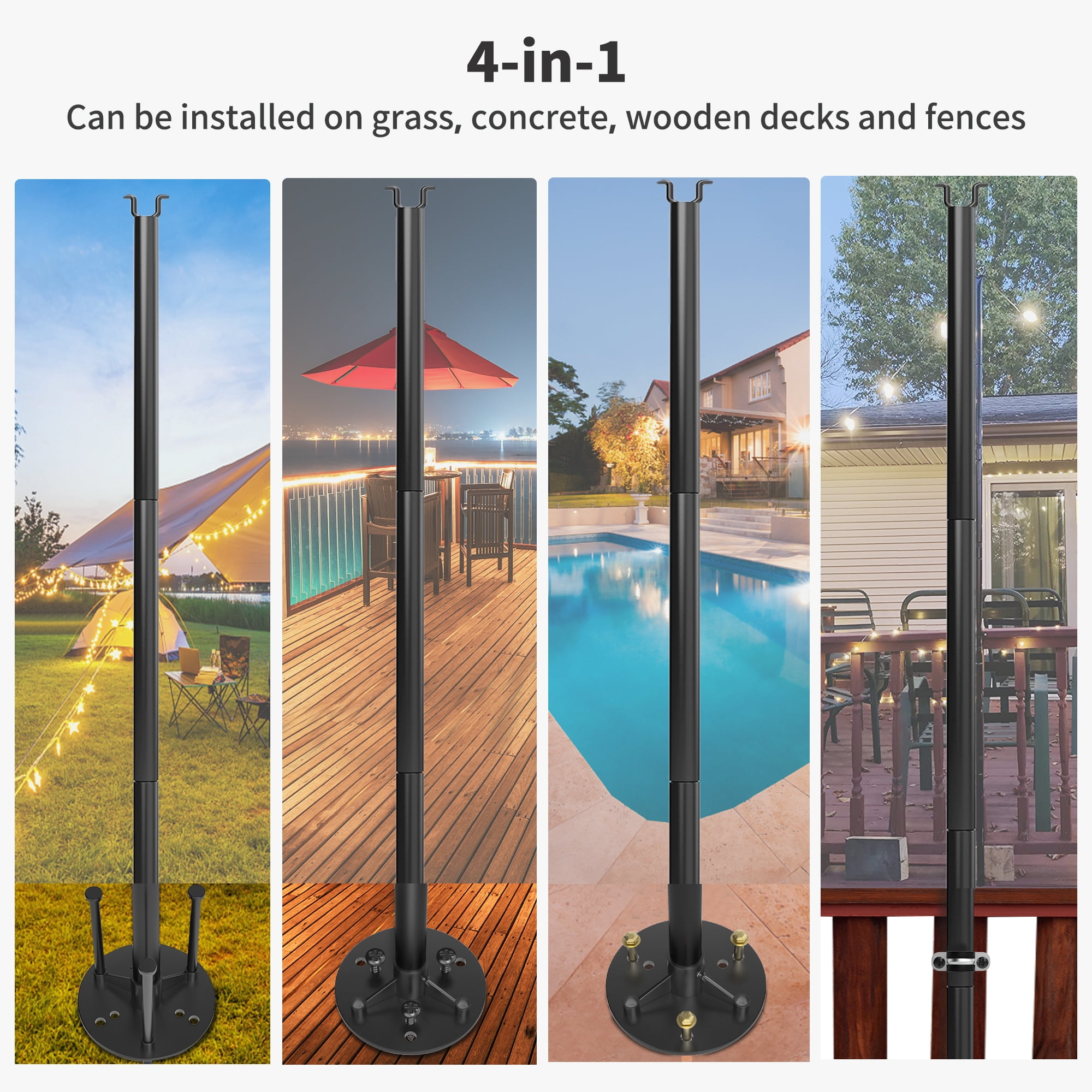 Uforic 6 Pack String Light Pole, 11ft 4-in-1 Outdoor String Light Pole Stand to Hang String Lights for Patio, Garden, Backyard, Wedding, Parties, Deck, Fence - Classic Black