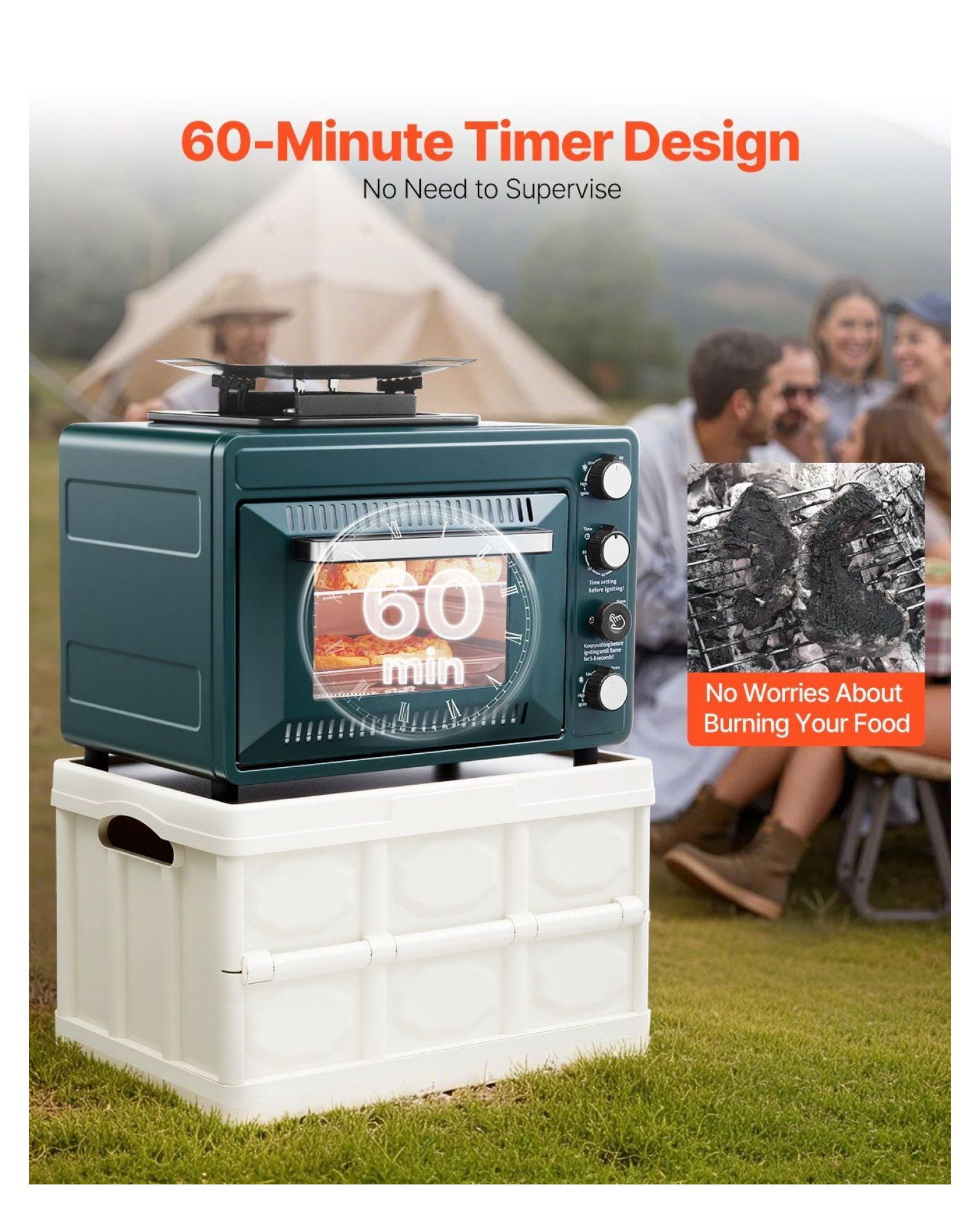 2-in-1 Portable Gas Camping Stove with Oven, Windproof, 0-60 Min Timer, Outdoor Cooking