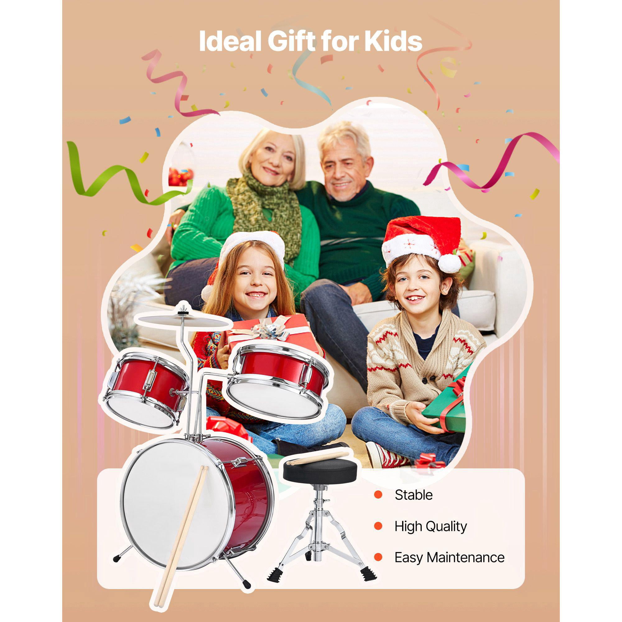 Junior Drum Set 3 Piece 14 Inch Kids Drum Kit with Adjustable Stool Cymbal and Drumsticks Musical Learning Instrument for Children Ages 6-13 Red