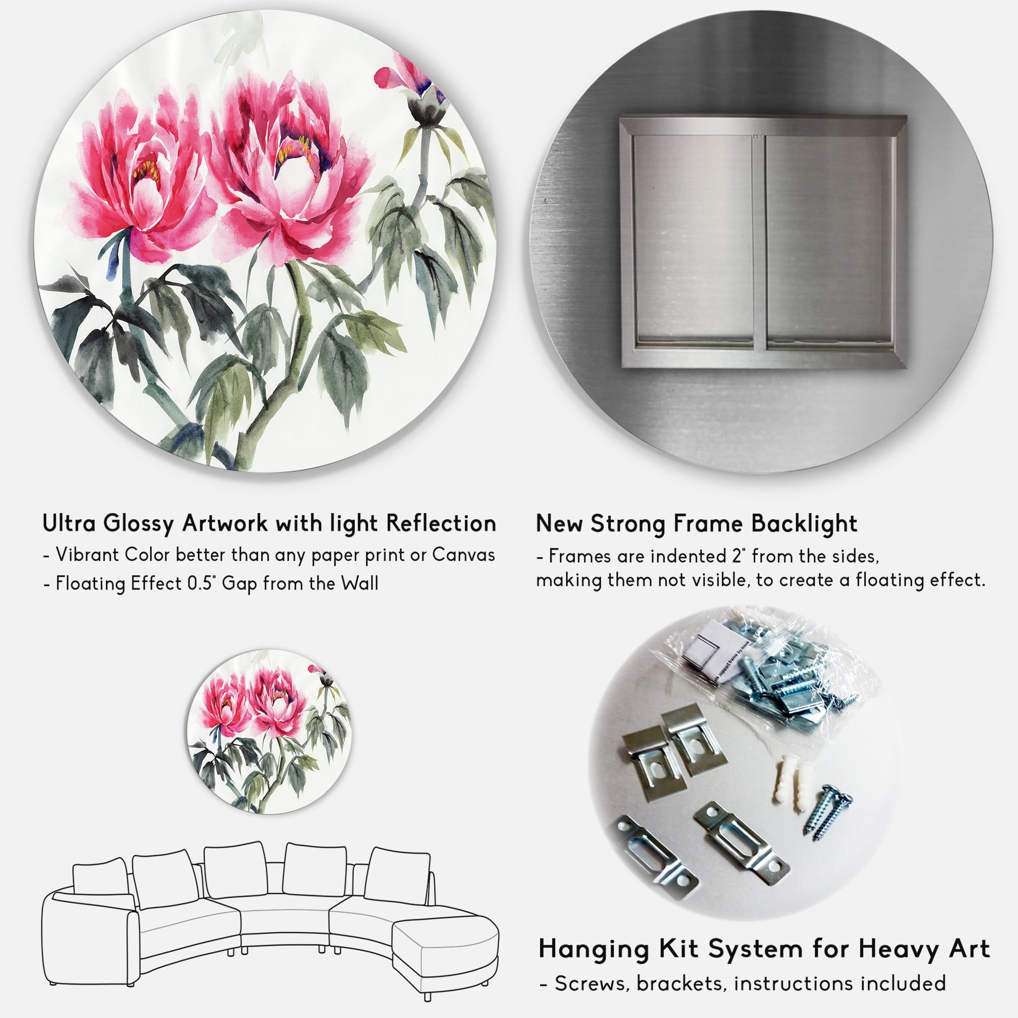 Designart 'Ancient Purple Peonies Branch' Traditional Circle Metal Wall Art 23x23 - Disc of 23