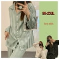 thumbnail image 3 of Conjunto de pijama de seda de hielo para mujer, ropa de dormir suave de manga larga, a rayas de rejilla, de lujo, para primavera y verano, 2 piezas, 3 of 4