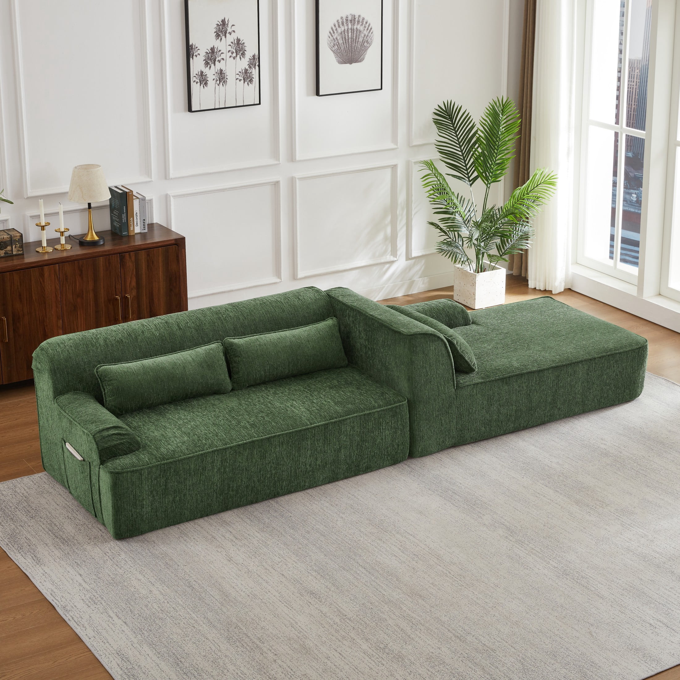 Aukfa 102.4" Modular Sectional Sofa with Right Facing L-Shape Chaise, Deep Seat Chenille Upholstered Couch with Lumbar Pillow, No Assembly Required, Green