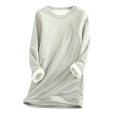 Savings! ZQGJB Plus Size Womens Pullover Fleece Crewneck Sweatshirt Casual Warm Sherpa Lined Sport Loungewear Underwear Tops Solid Color Thick Velvet Tunic Blouse(Gray L)