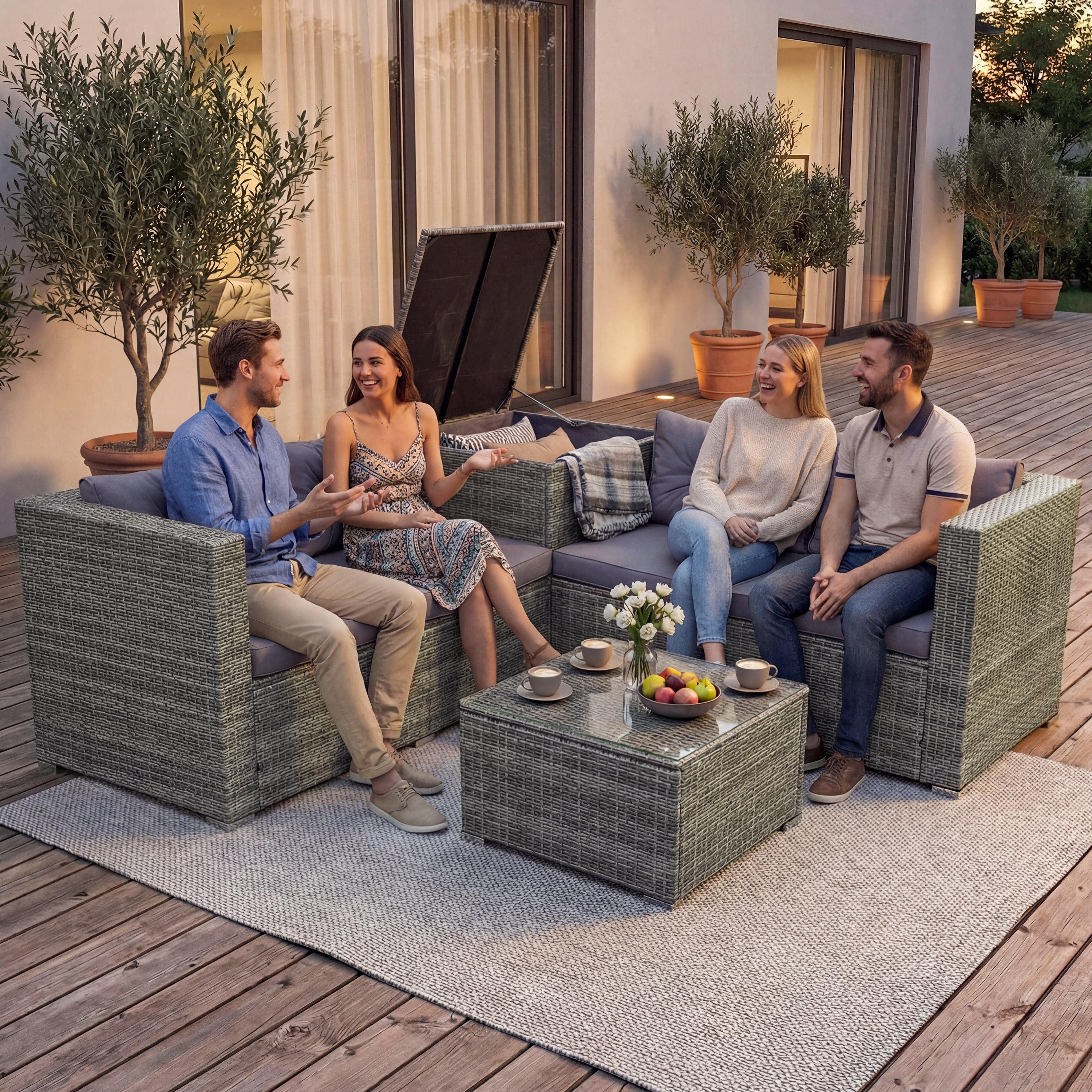 SEGMART 4 Piece Patio Furniture Set, All-Weather Outdoor Sectional Sofa Set, PE Rattan Conversation Set with Storage Box, Table & Cushions, Wicker Furniture Couch Set for Patio Deck Garden