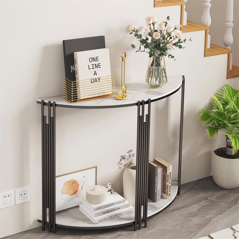 Wisfor Sintered Stone Console Table Entryway Table Black Metal Leg 2 Tier, 39.4x11.8x30.7 inch