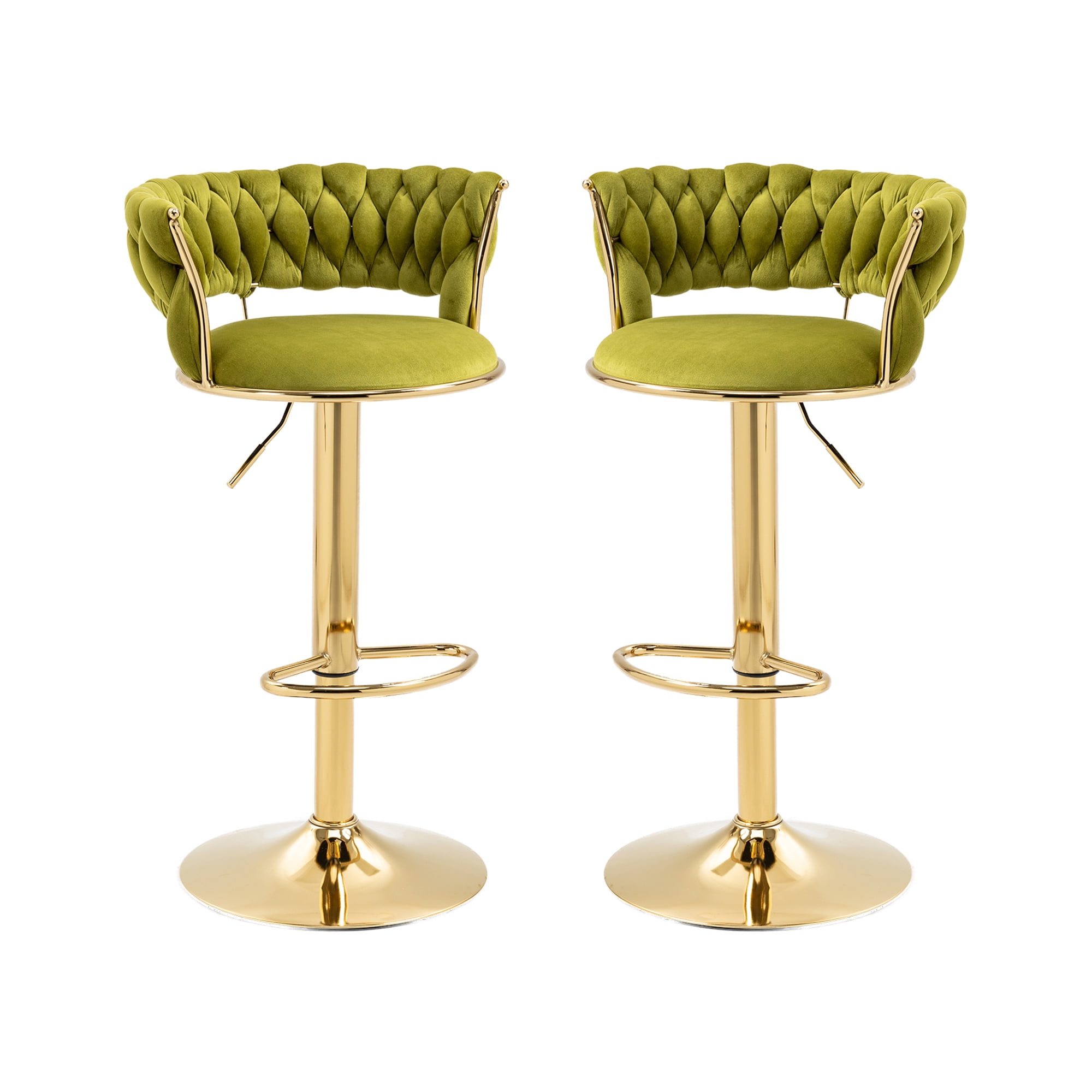 MOONMISS Velvet Swivel Bar Stools Set of 2, Adjustable Counter Height Bar Stool with Woven Back, Upholstered Kitchen Dining Chairs, Modern Barstools for Kitchen Island, Cafe, Pub, Bar Counter(Green)