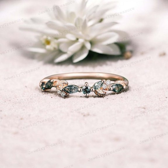 JEWELRYTREASURE Leaf Vine Moss Agate Wedding Band Rose Gold Plated Band Alexandrite Moissanite Band Statement Jewelry Birthday Gift for Mom