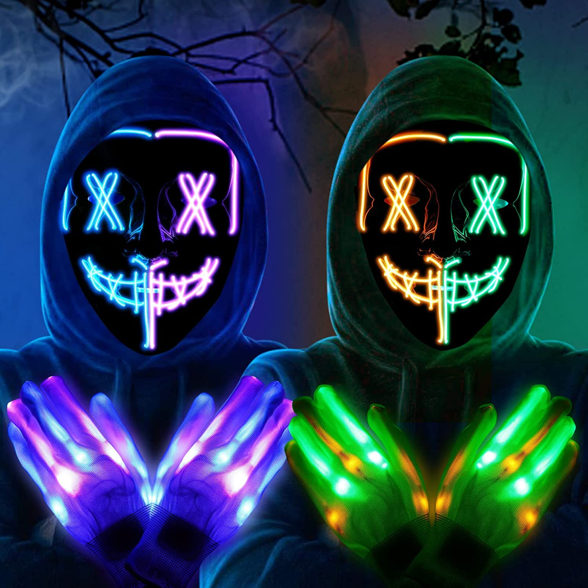 2 Pack Purge Masks Led Light Up Masks with Skeleton Gloves, Scary Masks