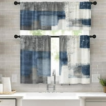 Blue Kitchen Window Curtains Valance and Tier Set 36 Inch, Grey White Contemporary Rod Pocket Short Tier Curtain, Abstract Art Small Cafe Drapes for Kitchen Decor