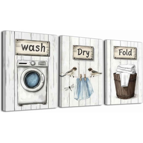 ZHONGYUTONG 3Pcs Laundry Room Canvas Wall Art Rustic Farmhouse Laundry Sign Picture Prints Wash Dry Fold Art Poster Vintage Country Paintings Gray White Bathroom Decor (11.00" x 14.00" x 3PCS)