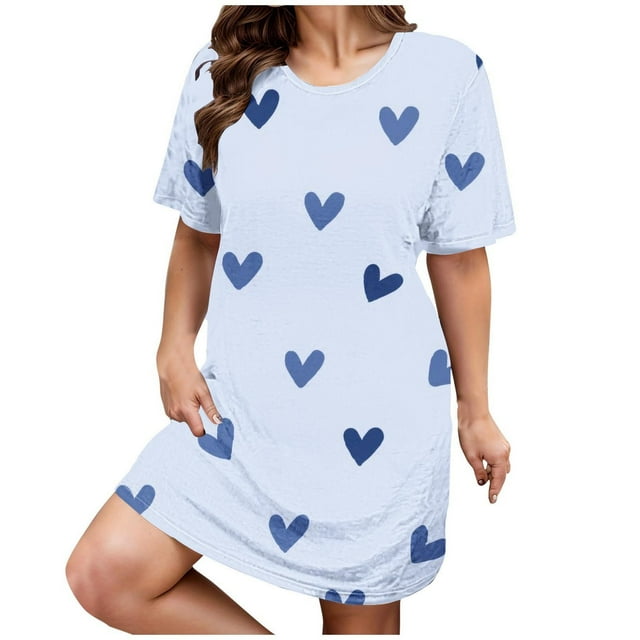 Kelon Chemises de Nuit et Robes de Nuit pour Femmes Grande Taille Robe de Nuit Décontractée pour Femmes Grande Taille Imprimé Cœur Manches Courtes Col Rond Extensible Moyen Ample Robe de Nuit Saint-Valentin