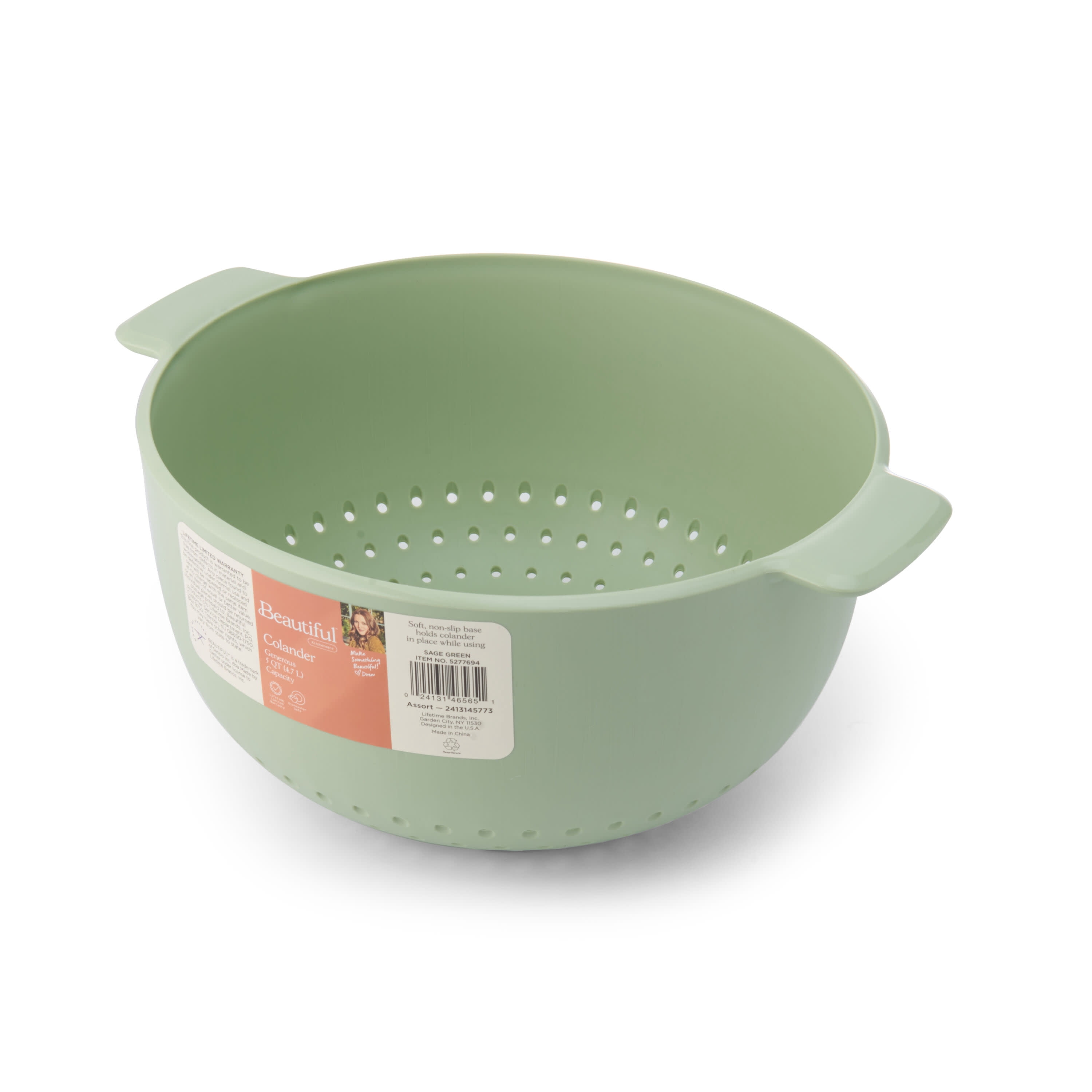 Beautiful 5-quart Plastic Colander with Integrated Handles in Sage Green by Drew Barrymore