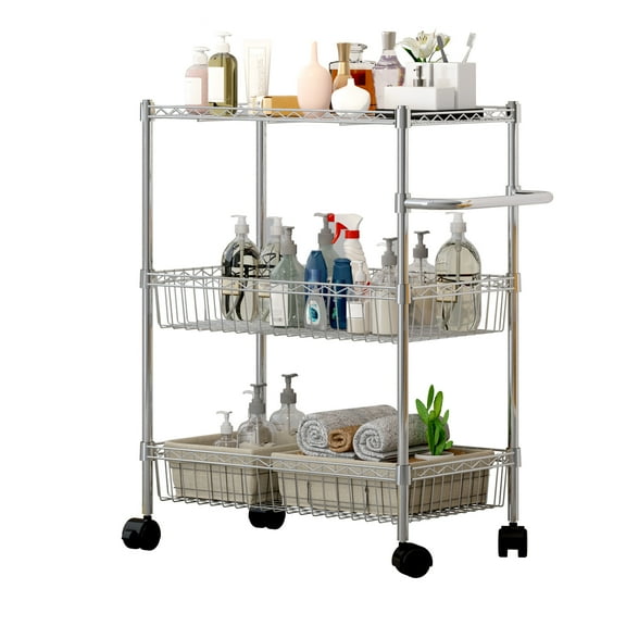 3 Tie Rolling Utility Kitchen Cart On Wheels,600Lbs Wire Shelving Wire Basket Shelf Storage Cart, Utility Trolley with Handles for Office,Kitchen