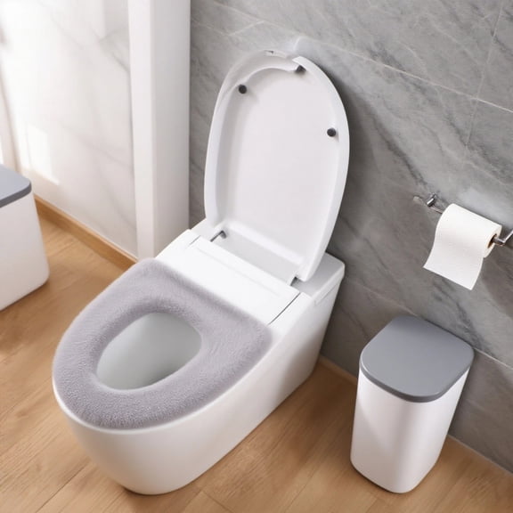 Padded Toilet Seat Cover for Winter, Fuzzy and Warm Washable Toilet Seat Cushion, Fits Various Toilet Shapes, Soft and Comfortable, Gray Polyester, 11 in / 28 cm