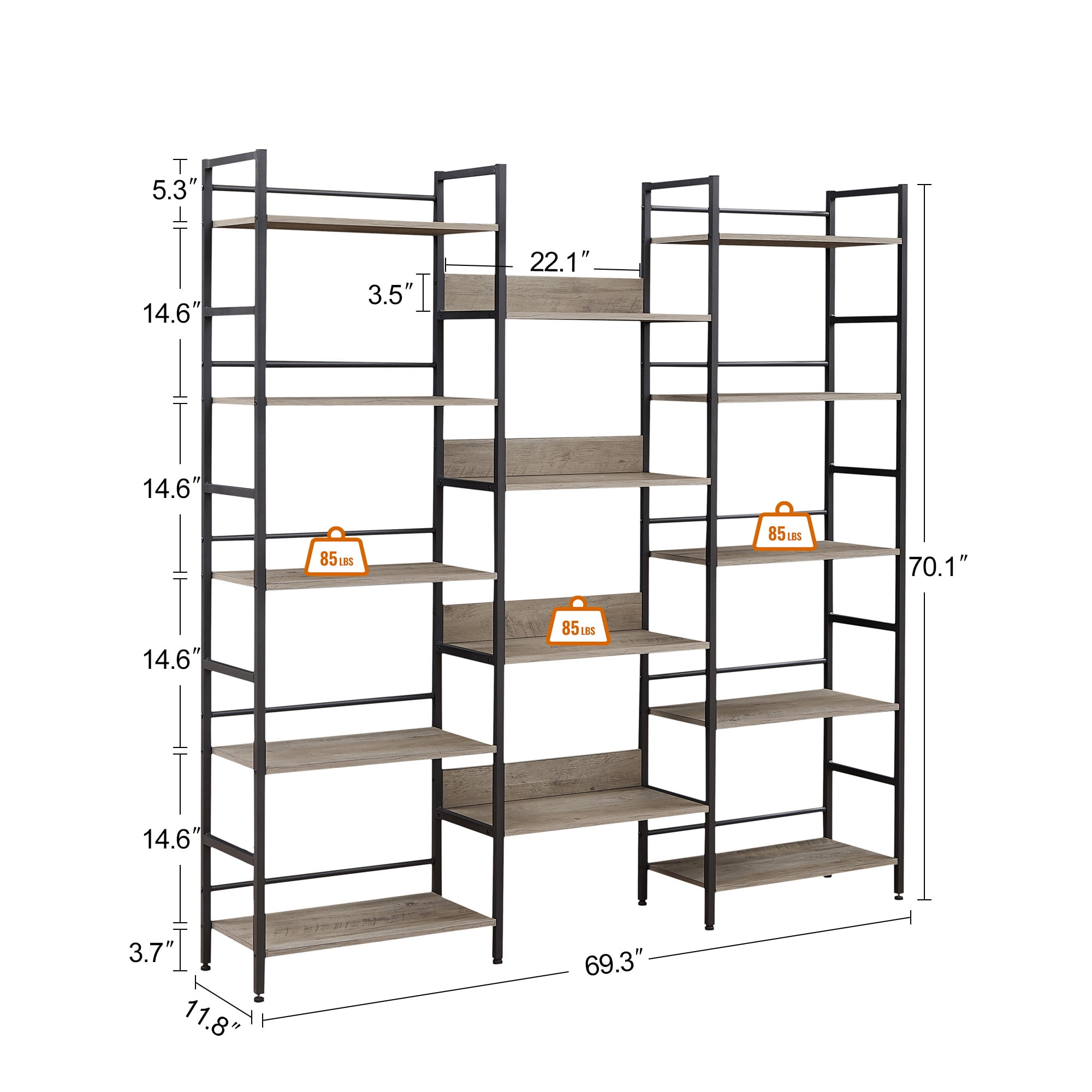 Aukfa 5-Shelf Tall Bookshelf, Modern Large Open Bookcase for Living Room Bedroom, Gray