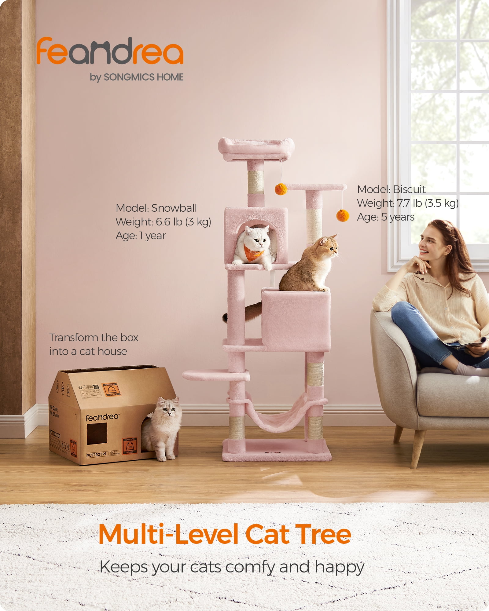 61"H Cat Tree Cat Tower for Indoor Cats, Plush Multi-Level Cat Condo with Scratching Posts, Perches, Caves, Hammock, Pink