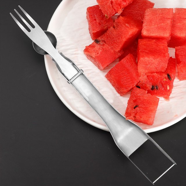 Cortadora de sandía Cubiadora de cubos Herramienta tres en uno | Juego de tenedores de cuchara para cortar frutas de acero inoxidable | Divisor de melón multifuncional | Corte de precisión