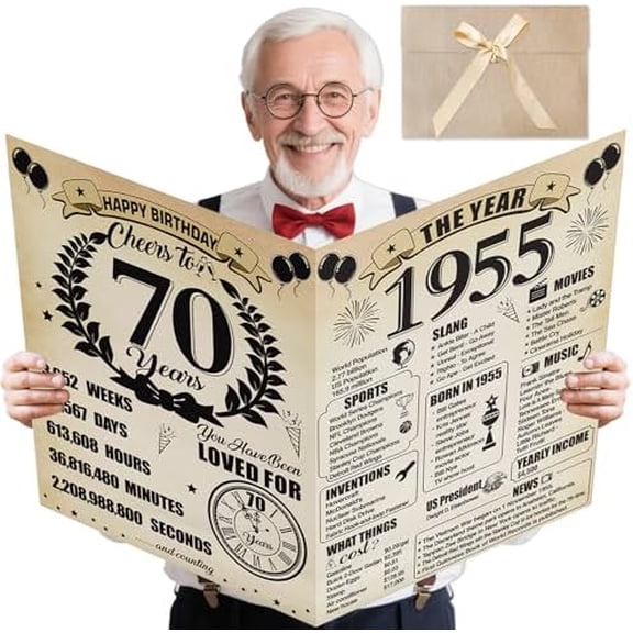 Large 70th Birthday Cards for Men Women, Vintage 1955 Happy 70th Birthday Greeting Card with Envelope Jumbo Seventy Guest Book Cheers to 70 Years Decorations Gifts Party Supplies