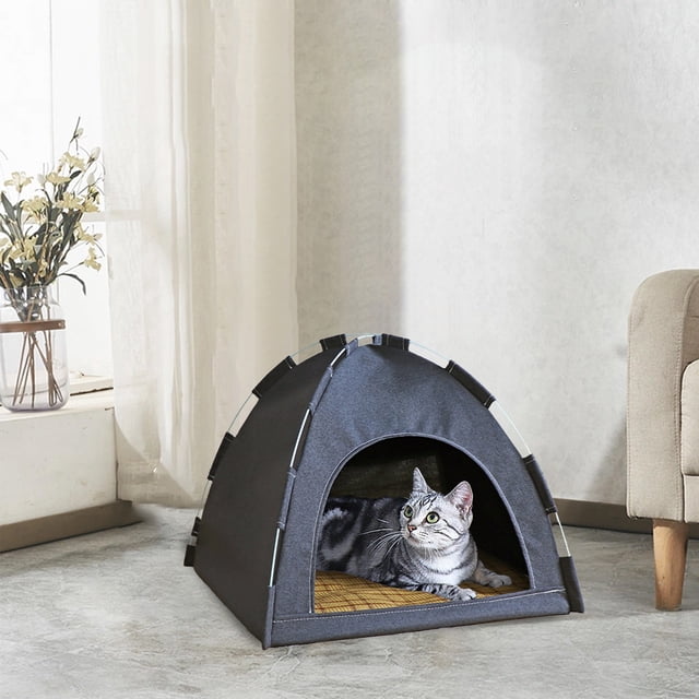 Tente pour Animaux Respirante avec Tapis Rafraîchissant Réversible - Maison pour Chat et Chien en Tissu Doux, 36x36x28cm, Confort Toutes Saisons, Design en Maille Ventilée, Tissu Confortable Type Lin, Abri Intérieur Portable