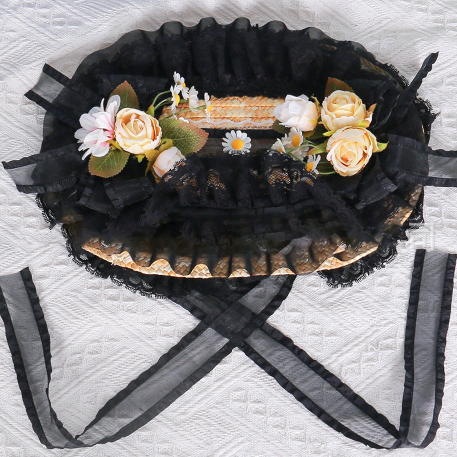 Victorian Lace Designs Straw Bonnet Hat For Women With Ruffled Trim and Rose Flower For Cocktail Party And Cosplay Event