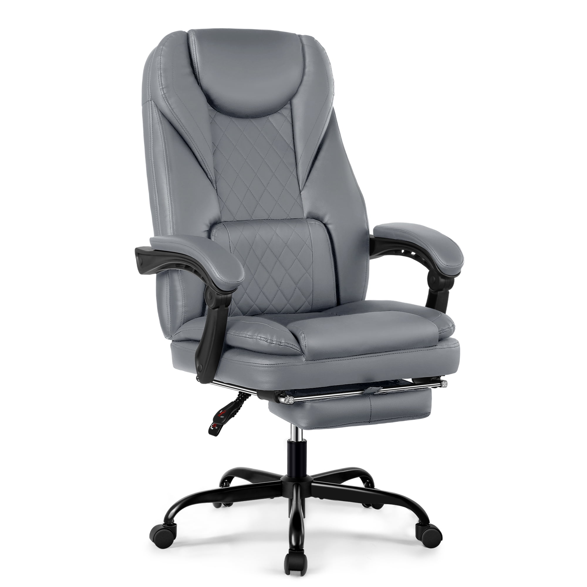 Primy Premium Executive Office Chair - Big & Tall PU Leather Reclining Chair with Footrest & Lumbar Support, 400lb Heavy Duty Ergonomic Computer Desk Chair for Home/Office, Gray