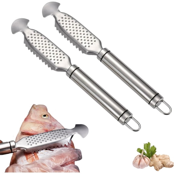 2-In-1 Stainless Steel Fish Scaler Ginger Grater, Multifunction Stainless Steel Fish Scaler Remover, Manual Fishes Descaler Tool with Sawtooth for Kitchen Home Restaurant (2PCS)M