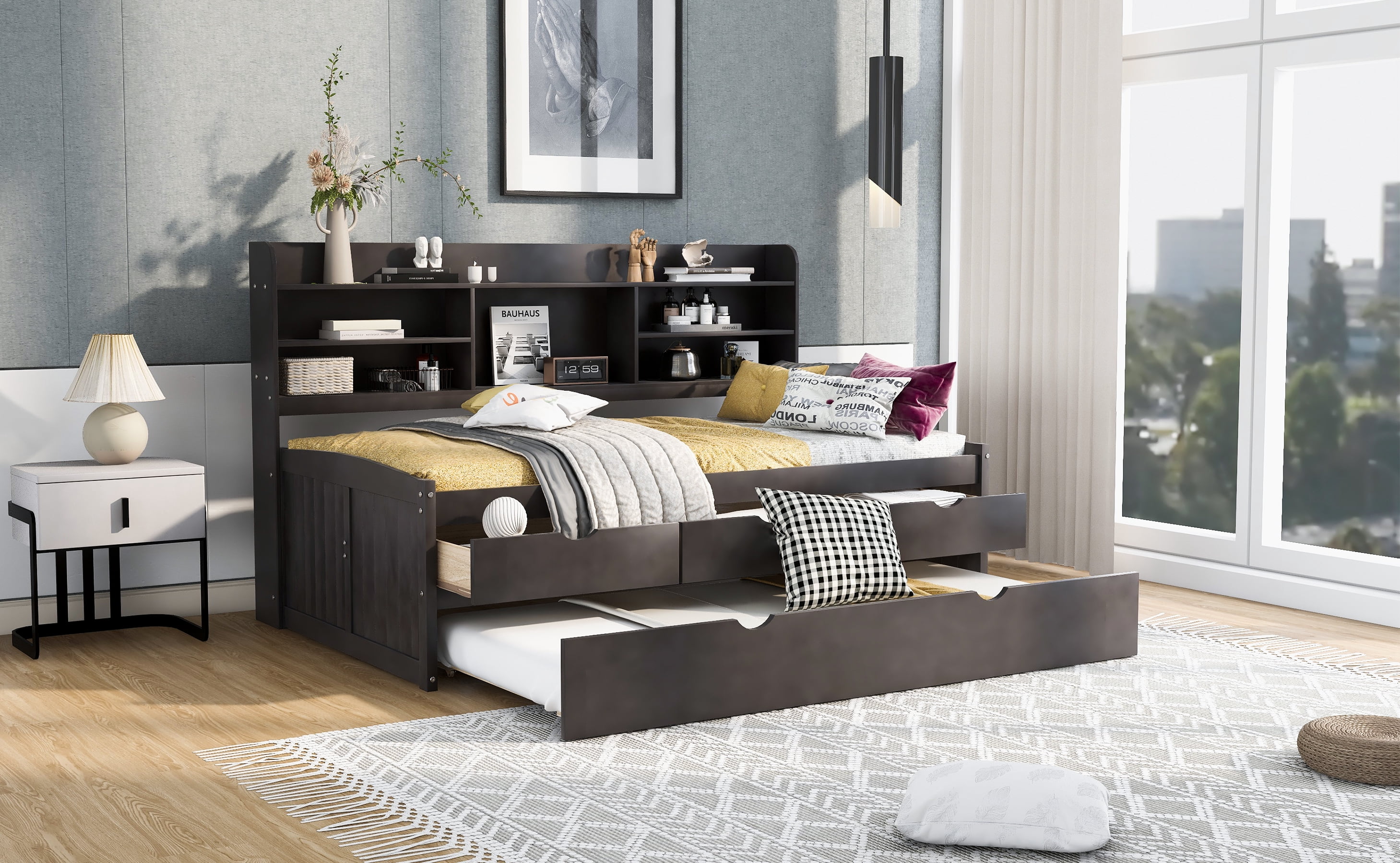 Euroco Wood Twin Size Daybed with Shelf, Trundle, Drawers, Full