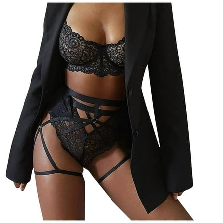 

BIZIZA Women Bra and Panties Lace Wireless Lingerie Sets Sexy Pajamas Set Babydoll Plus Size 2 Piece Black M