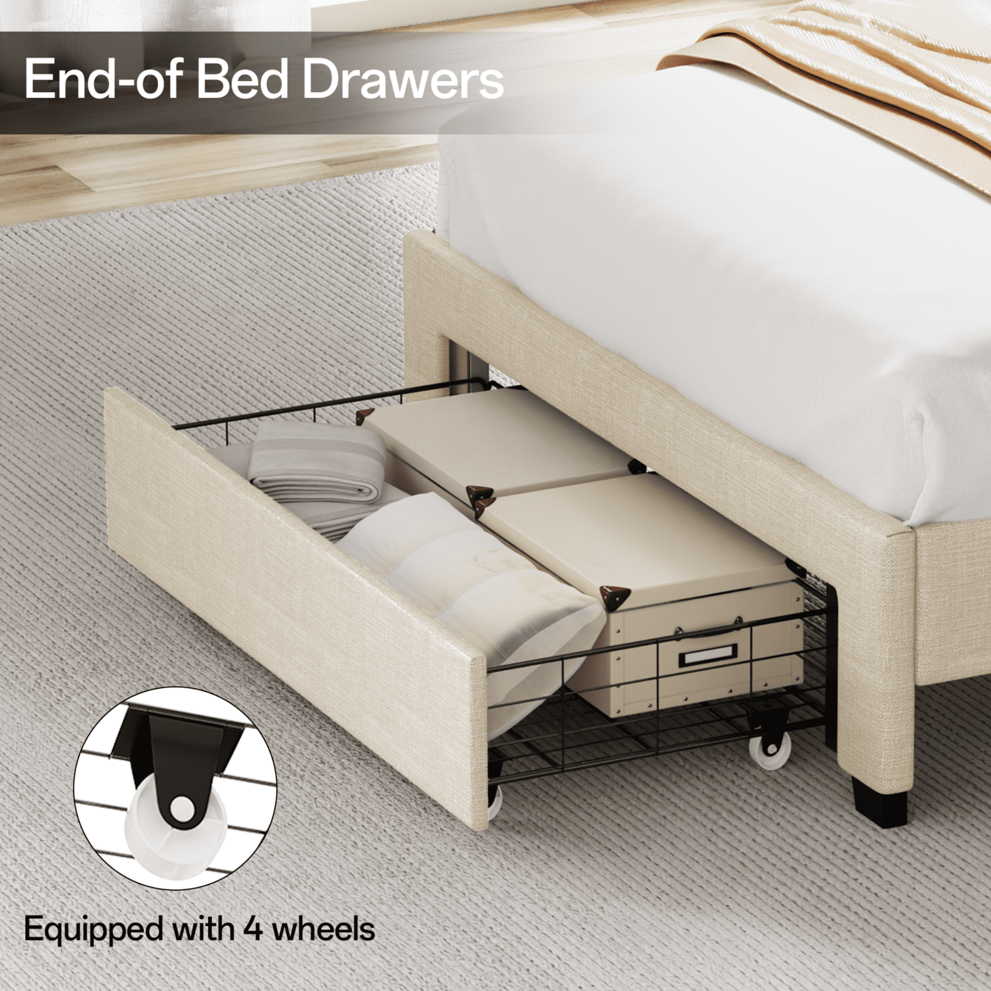 Gewnee Twin Size Upholstered Linen Bed Frame with Storage Headboard, Drawer & Charging Station, No Box Spring Needed,Beige