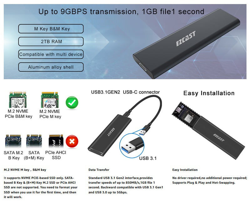 ORICO M.2 NVME Boîtier SSD RGB USB3.1 Gen2 10 Gbit/s PCIe M-Key/B Aluminium Compatible UASP Smart Shuim-M2VG01 M Key USB C Solid State Drive Adaptateur pour NVMe SSD Taille 2230/2242/2260/2280 