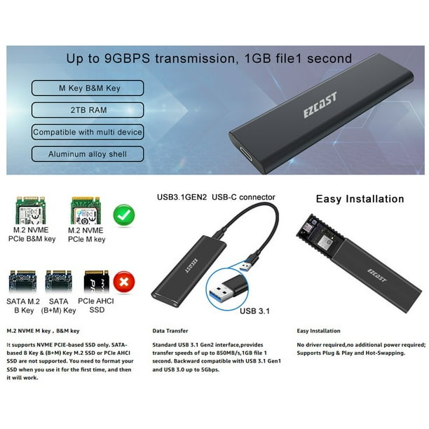 Adaptateur de boîtier SSD M.2 NVME USB 3.1 Gen 2 vers NVME PCI-e m-Key  Solid State Drive Boîtier externe Prise en charge USB C UASP pour SSD NVME  Taille 2230/2242/2260/2280 