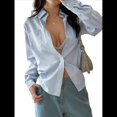 thumbnail image 2 of Camisas de Trabajo Informales de Gran Tamaño para Mujer, con Botones, Puños Fruncidos, Mangas con Volantes, Cuello y Bolsillos. Azul S, 2 of 9