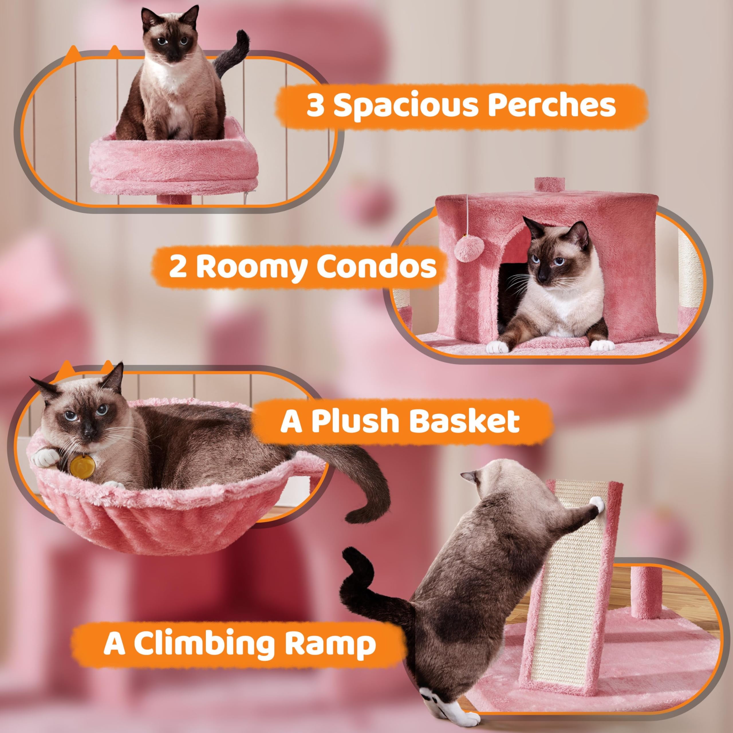 Cat Tree for Large Cats, 69in Tall Cat Tower with Condos, Caves, Scratching Posts, Plush Perches, Dangling Toys, Multi-Level Playhouse for Kittens and Adult Cats, Pink