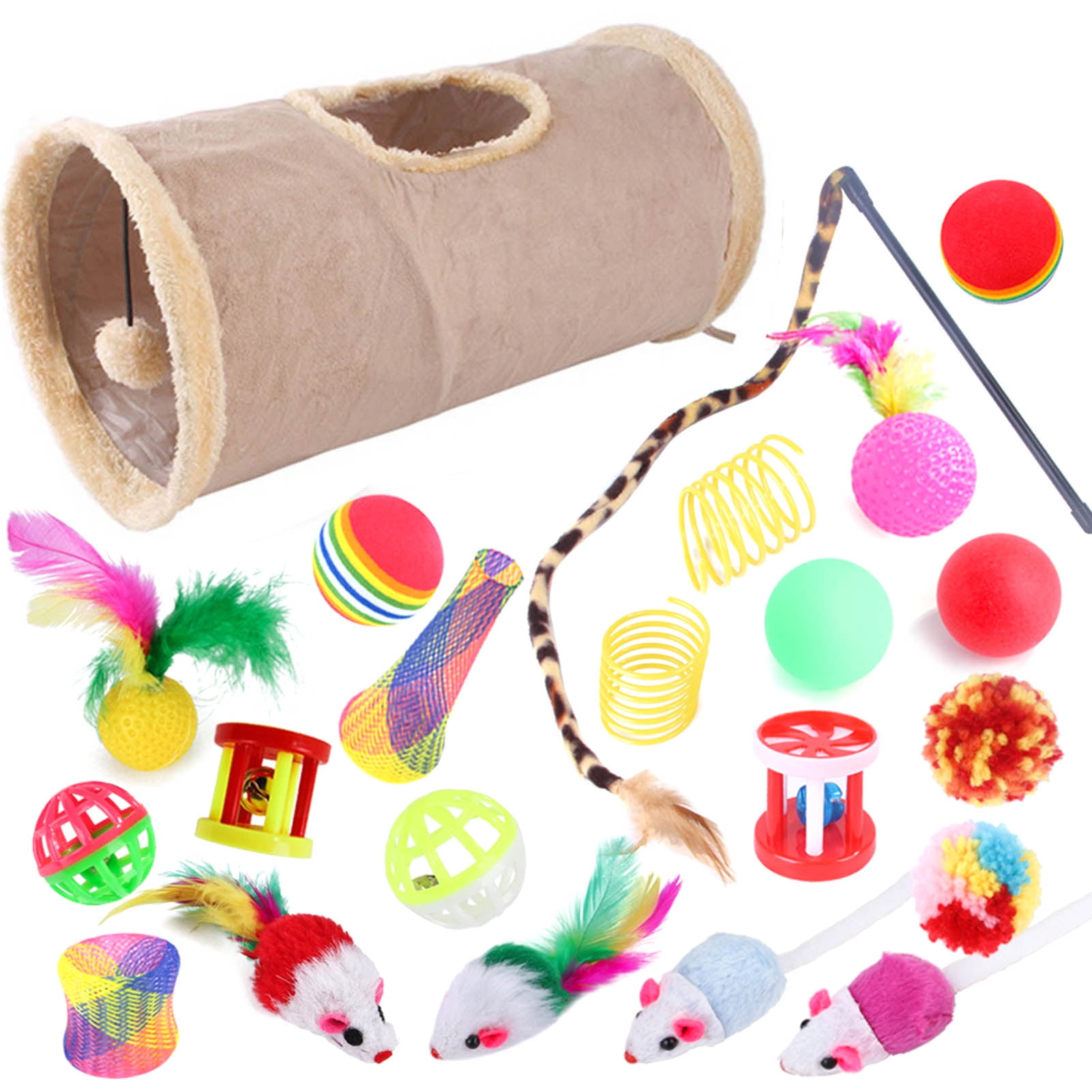Oziral Cat Toys Set 32 PCS Kitten Toys Assortments Including 2 Way Rainbow  Tunnel Cat Feather Teaser Wand Sisal Mice Bell Balls Crinkle Balls
