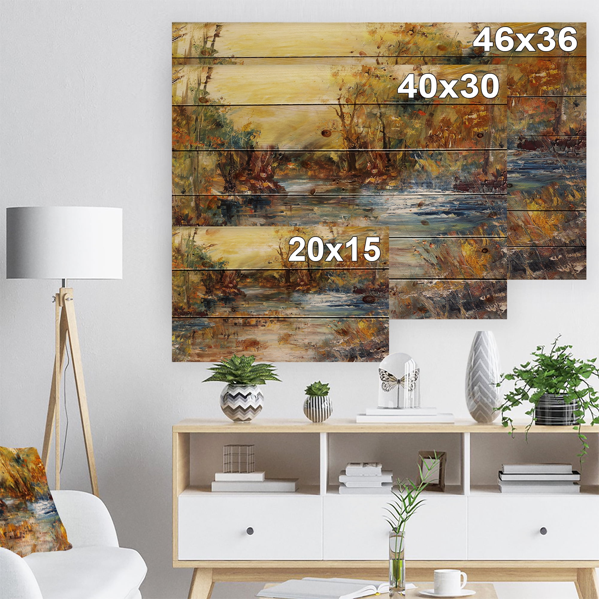 Designart 'River in Forest Oil Painting' Landscape Print on Natural Pine Wood