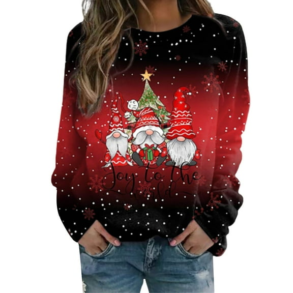 Fiaer Women's Sweatshirts Christmas Cute Graphic Crew Neck Long Sleeve Baggy Plus Size Pullover Comfort Breathable Lightweight Tops Red XL