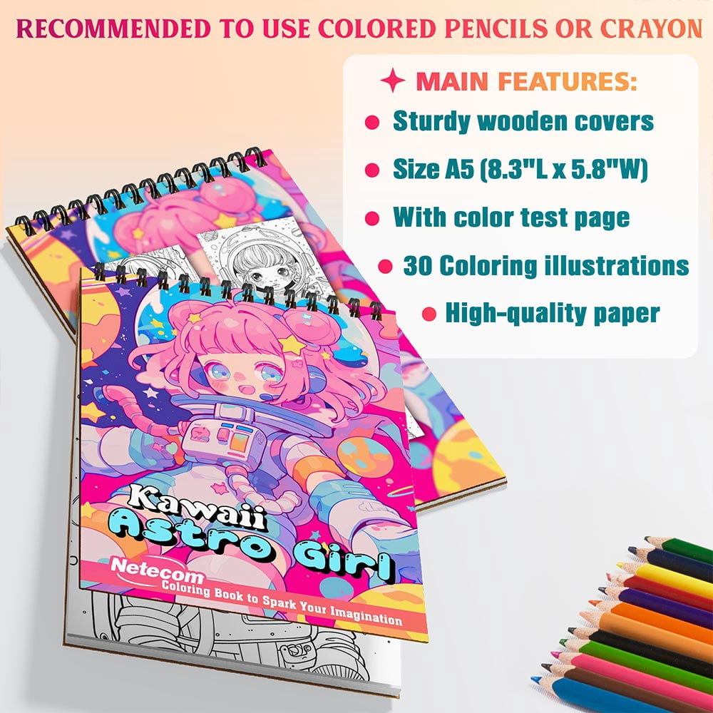Netecom Kawaii Astronaut Girl Coloring Book for Adults and Women, A5 Wooden Cover, 30 Fantastic Outer Space Coloring Pages of Astronaut Girl for Stress Relief and Relaxation, Spiral Bound Edition