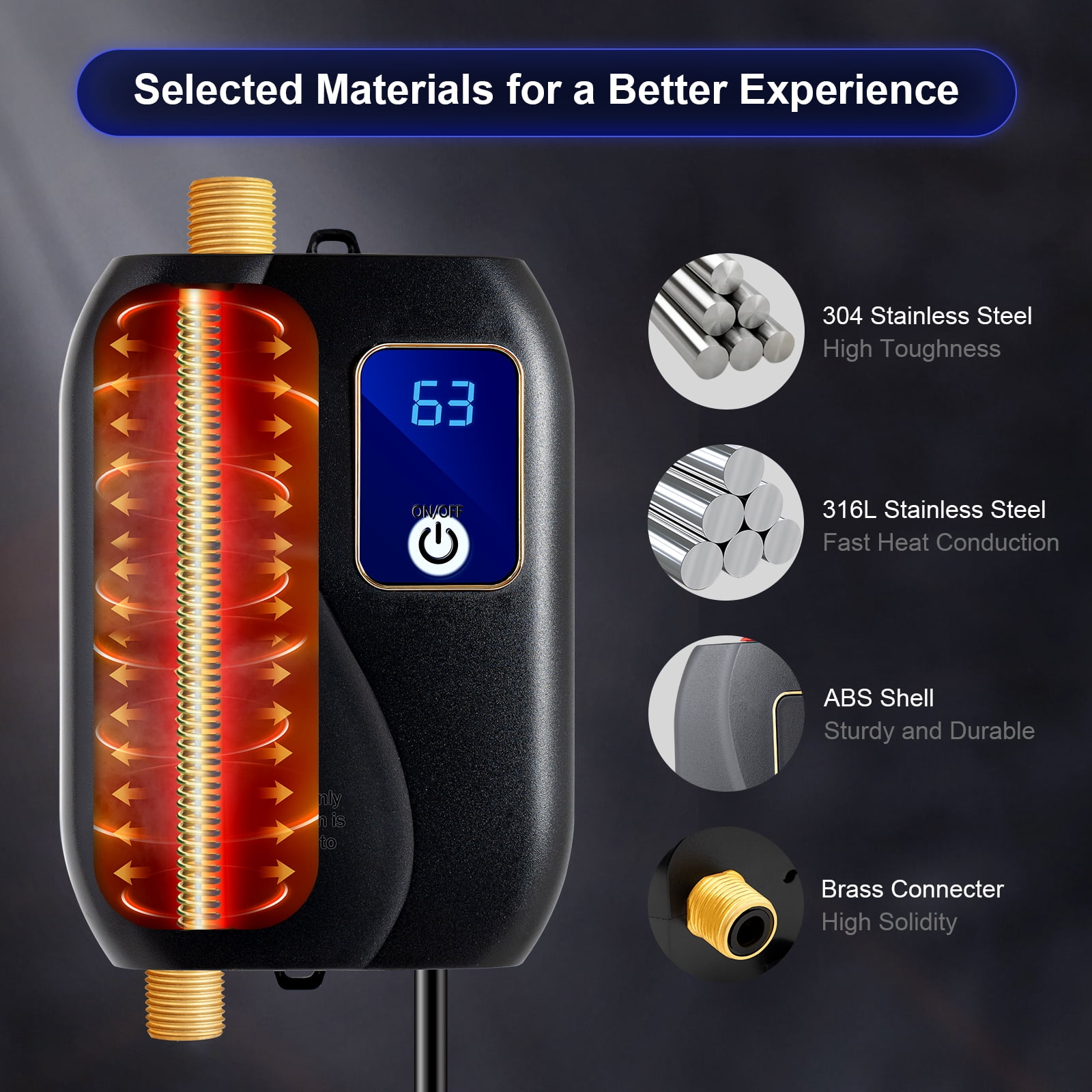 Electric Tankless Water Heater 110V 3000W stainless steel On Demand Hot Water 20-50℃ Eco Black 4.6*2.8*6.3in