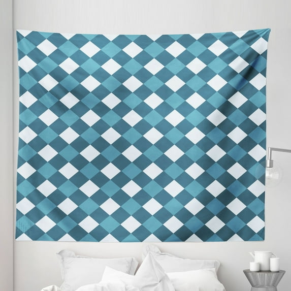 Blue and White Tapestry, Mosaic Design Checkered Rhombuses Grid Gingham Plaid Pattern, Fabric Wall Hanging Decor for Bedroom Living Room Dorm, 5 Sizes, Slate Blue White, by Ambesonne