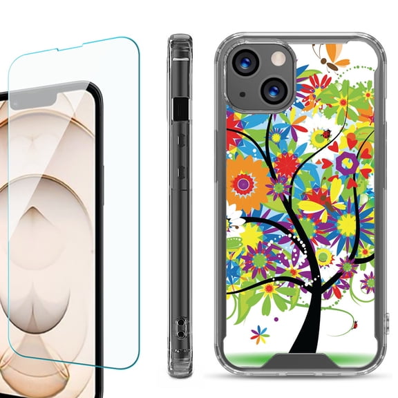 Shockproof Bumper Phone Case for iPhone 13, with Tempered Glass Screen Protector, by OneToughShield ® - Colorful Tree