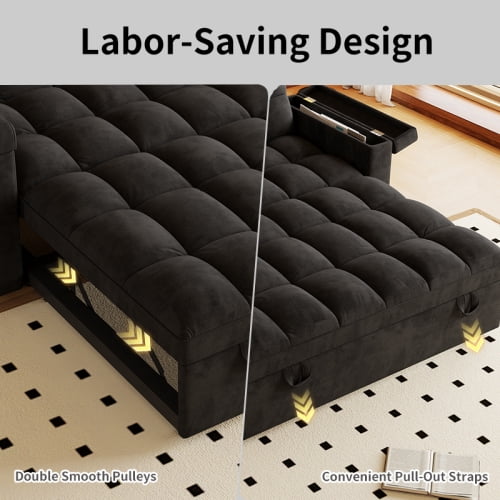 65" Compact 3-in-1 Sofa Bed, Pull-Out Loveseat Sleeper with Built-in USB Ports, Side Table & Storage Arms, Velvet Couch for Studios, Home Office & Guests