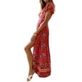 thumbnail image 3 of Enwejyy Women Vocation Summer Bohemian Beach Style V-Neck Short Sleeve Side Split Wrap Maxi Dresess, 3 of 4