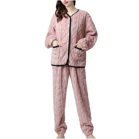 

Womens Winter Flannel Plush Pajama Sets Long Sleeve Button Down Tops with Pockets Soft Comfy Long Pants Sets Loungewear