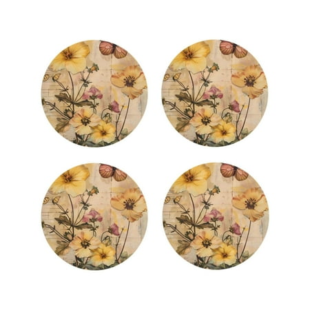 

Matuu Vintage Floral Butterfly Collage for Cup Coasters Set of 4 Leather Coasters Desk Coasters for Office Measures 4” x 4”-Round Shape
