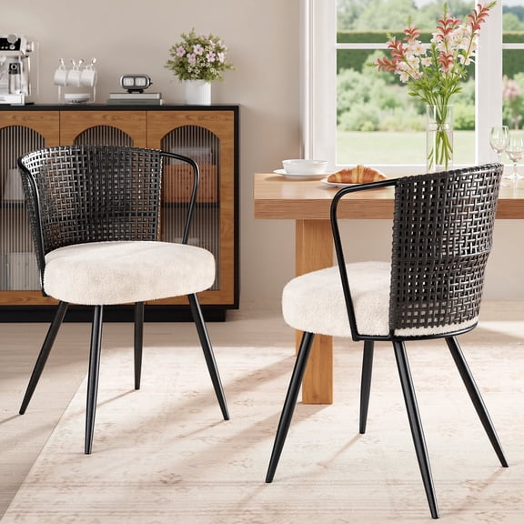 Sailvan Dining Chair Set of 2, Accent Rattan Dining Room Chairs, Modern Kitchen Chairs with Lamb Fleece Cushion, Mid Century Style Living Room Chairs, Easy Assembly, Black & White