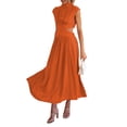 thumbnail image 2 of Women Summer Casual Long Dress Solid Color Stand Collar Waist Hollow-Out Sleeveless Dress Beach Holiday Loose Dress, 2 of 3