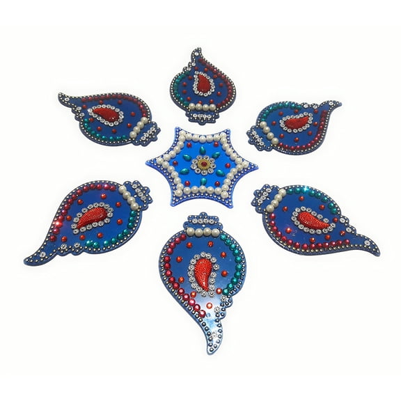 FineArt Handcrafted Decorative Diwali Rangoli Set Multicolor Jewel Stone/Kundan Decorations on Blue Acrylic Base 7 Piece Set - for Home Dcor
